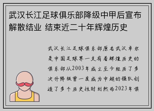 武汉长江足球俱乐部降级中甲后宣布解散结业 结束近二十年辉煌历史