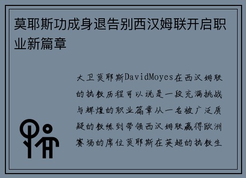 莫耶斯功成身退告别西汉姆联开启职业新篇章